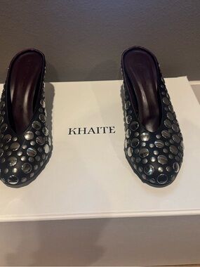 KHAITE Black Leather Studded Slip-On Mules